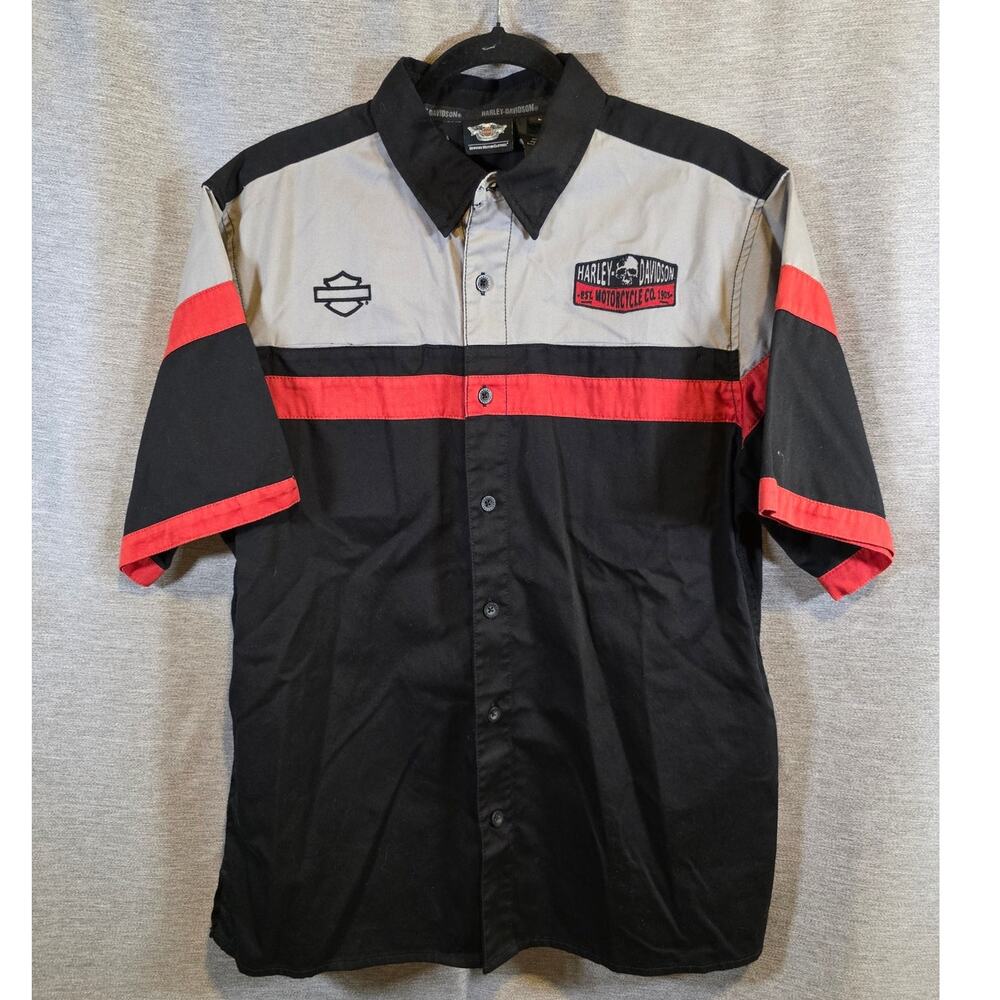 Harley-Davidson Mens Short Sleeve Woven Shirt Sz Lg Black/Gray/Orange Garage